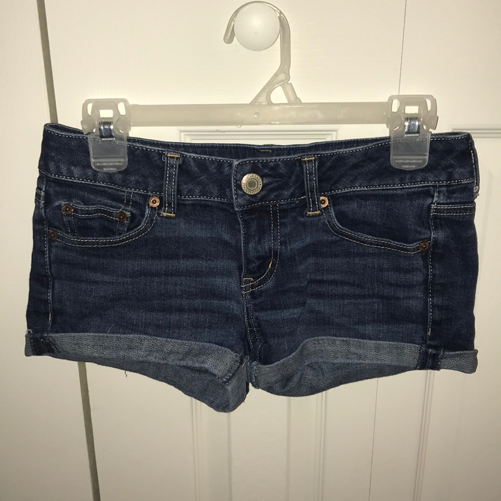 Dark wash stretch jean shorts